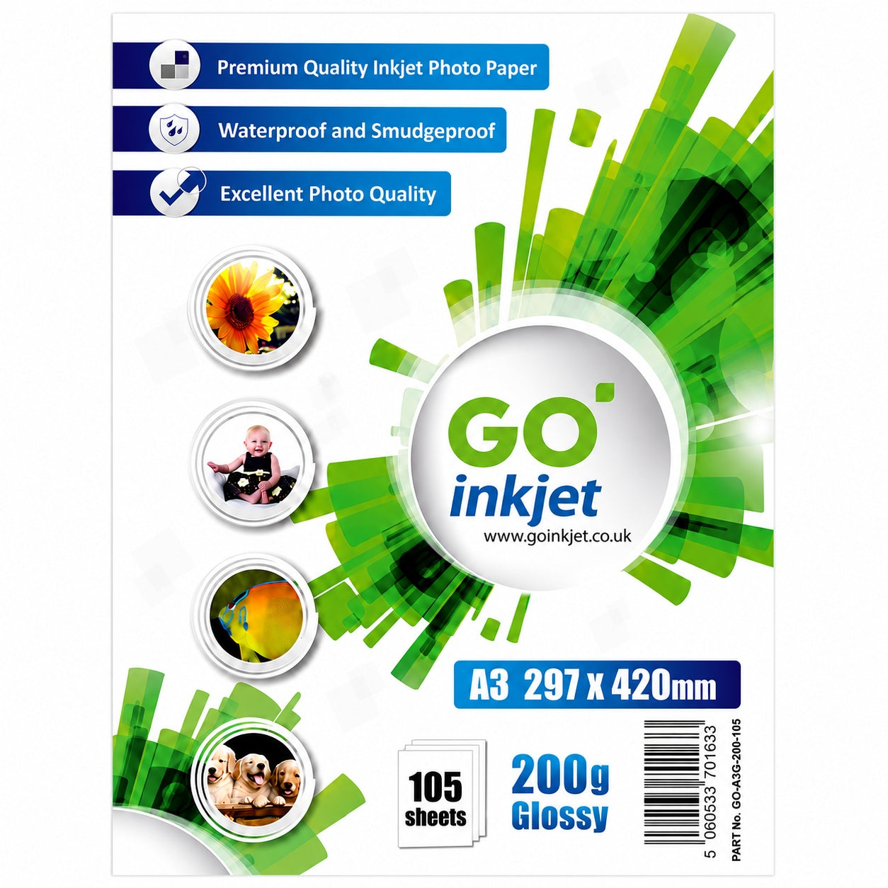 GO inkjet Premium Quality Inkjet Photo Paper A3 size, 200g glossy, 105 sheets. The packaging features a white background with green graphic accents, blue text, and sample photo circles demonstrating photo quality.
